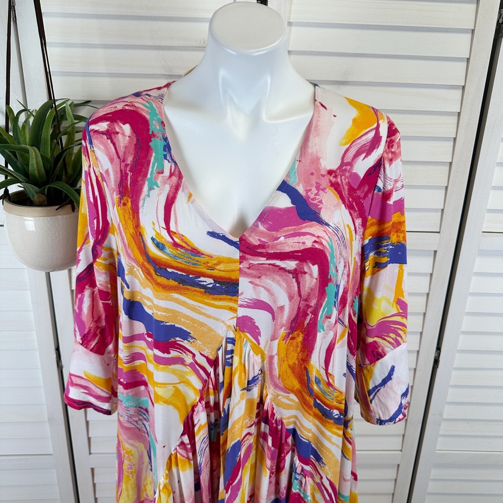 New Loralette Valerie Dress Maxi Multicolor Abstract V Neck Women's Size 16 - Picture 2 of 12